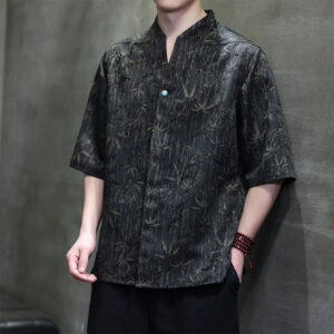 Buddha Stones Summer Golden Bamboo Jacquard Men's Half Sleeve Linen Shirt