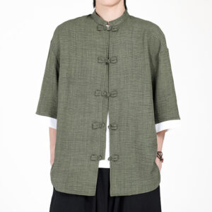 Buddha Stones Plain Tang Suit Frog-Button Design Men's Half Sleeve Shirt