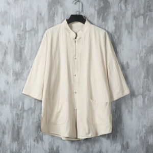 Buddha Stones Summer Solid Color Tang Suit Design Men's Half Sleeve Linen Shirt With Pockets
