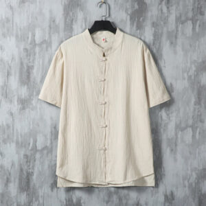 Buddha Stones Summer Plain Tang Suit Frog-Button Design Men's Short Sleeve Cotton Shirt
