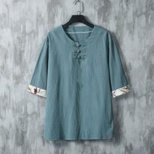 Buddha Stones Summer Frog-Button Yellow Bamboo Leaves Half Sleeve Men's Linen Shirt