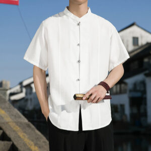 Buddha Stones Summer Solid Color Front Button Design Men's Half Sleeve Cotton Shirt