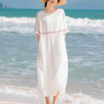 Buddha Stones Solid Color Embroidery Short Sleeve Cotton Midi Dress - image 3