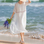 Buddha Stones Solid Color Embroidery Short Sleeve Cotton Midi Dress - image 11