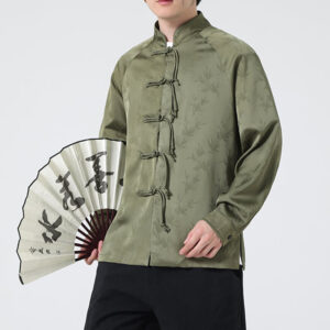 Buddha Stones Spring Jacquard Bamboo Leaves Pattern Chinese Frog-Button Design Men's Long Sleeve Shirt