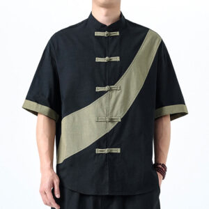 Buddha Stones Spring Color Contrast Chinese Frog-Button Design Men's Half Sleeve Cotton Linen Shirt