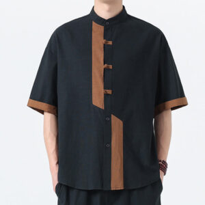 Buddha Stones Casual Color Matching Chinese Frog-Button Design Tang Suit Men's Half Sleeve Cotton Linen Shirt