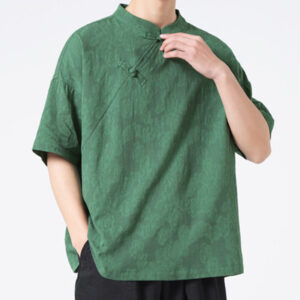 Buddha Stones Retro Pure Color Frog-Button Design Jacquard Flower Pattern Men's Short Sleeve Cotton Linen Shirt