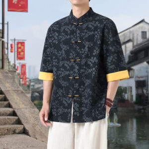 Buddha Stones Retro Printing Flower Pattern Frog-Button Design Stand Collar Men's Half Sleeve Cotton Shirt With Pockets
