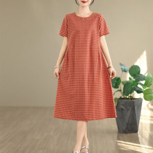 Buddha Stones Commute Plaid Pattern Simple Design Cotton Linen Short Sleeve Midi Dress With Pockets
