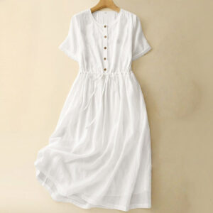 Buddha Stones Commute Embroidery Pleated Button Drawstring Design Cotton Linen Ruffled Short Sleeve Midi Dress