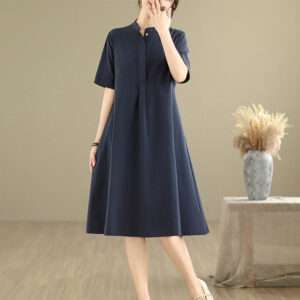 Buddha Stones Commute Plaid Pattern Simple Design Cotton Half Sleeve Midi Dress With Pockets