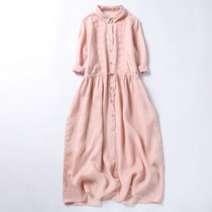 Buddha Stones Fall Embroidery Button Design Cotton Linen Long Sleeve Midi Dress With Pockets
