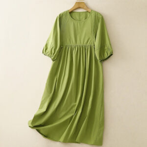 Buddha Stones Vintage Lace-Up Simple Design Cotton Linen Three Quarter Puff Sleeve Midi Dress With Pockets