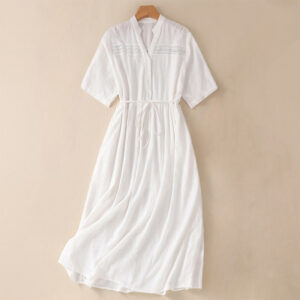 Buddha Stones Summer Plain Hollow Jacquard Design Cotton Short Sleeve Midi Dress With Pockets