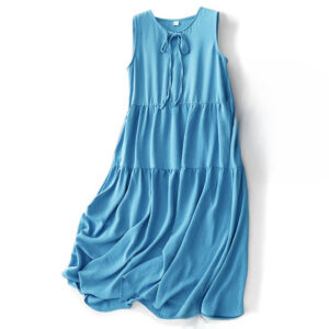 Buddha Stones Casual Plain Handmade Lace-up Midi Dress Cotton Linen Sleeveless Dress With Pockets