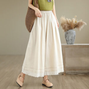 Buddha Stones Commute Simple Lace Design 7-8 Length Women's Wide Leg Cotton Linen Pants With Pockets