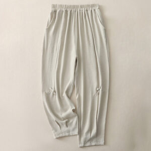 Buddha Stones Commute Casual Plain Frog-Button Design Women's Harem Cotton Linen 7-8 Length Pants With Pockets