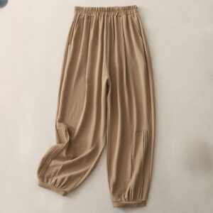Buddha Stones Summer Commute Plain Pleated Design 7-8 Length Women's Harem Cotton Linen Pants With Pockets