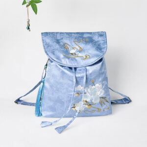 Buddha Stones Handmade Blue Camellia Embroidered Large Capacity Polyester Cotton Backpack