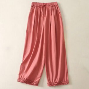 Buddha Stones Casual Ruffle Hem Patchwork Design Drawstring Ankle-length Women's Cotton Pants With Pockets