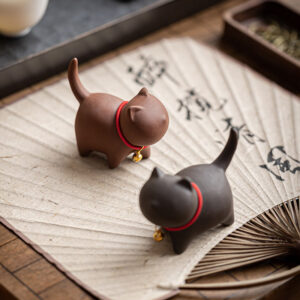 Buddha Stones Mini Lovely Red Rope Bell Cat Tea Pet Purple Clay Figurine Desk Decoration