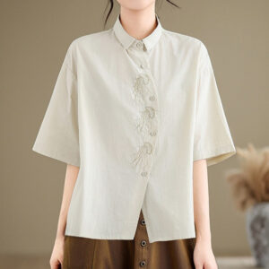 Buddha Stones Casual Women's Embroidered Jellyfish Pattern Stand Collar Buttons Design Half Sleeve Cotton Shirt