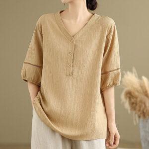 Buddha Stones Casual Plain Button V-Neck Women's Polyester Short Sleeve Shirt