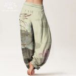 Buddha Stones Pink Lotus Leaves Bird Pattern Women's Elastic Waist Harem Pants - image 3