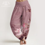 Buddha Stones Pink Lotus Leaves Bird Pattern Women's Elastic Waist Harem Pants - PaleVioletRed - US22，UK/AU26，EU54 (6XL) - image 8