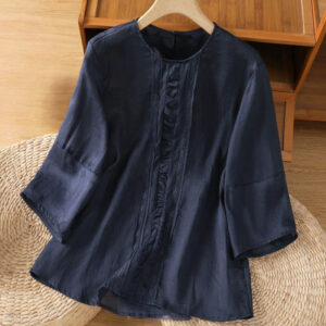 Buddha Stones Casual Pure Color Crew Neck Women's Cotton Linen Three Quarter Sleeve Shirt