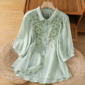 Buddha Stones Casual Plant Embroidery Stand Collar Women's Cotton Blend Three Quarter Sleeve Shirt