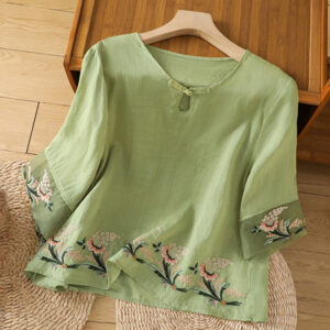 Buddha Stones Casual Floral Embroidery Crew Neck Women's Frog-Button Polyester Half Sleeve Shirt