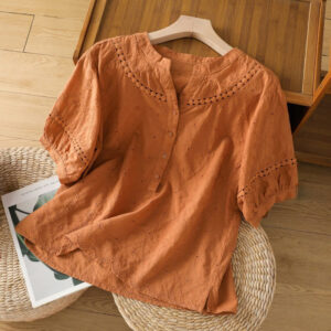 Buddha Stones Casual Plain Hollow Notched Women's Cotton Linen Half Sleeve Shirt