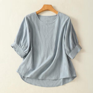 Buddha Stones Plain Crew Neck Design Women's Cotton Loose Short Sleeves Shirt