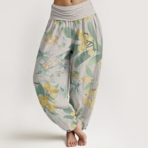 Buddha Stones Pure Cotton Casual Loquat Pattern Women's Elastic Waist Harem Pants