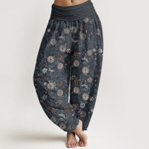 Buddha Stones Pure Cotton Casual New York Aster Flowers Leaves Design Women's Elastic Waist Harem Pants