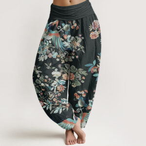 Buddha Stones Pure Cotton Colorful Flowers Birds Leaves Pattern Women's Elastic Waist Harem Pants