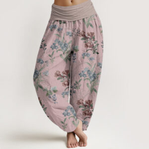 Buddha Stones Pure Cotton Red Blue Flowers Green Leaves Design Women's Elastic Waist Harem Pants
