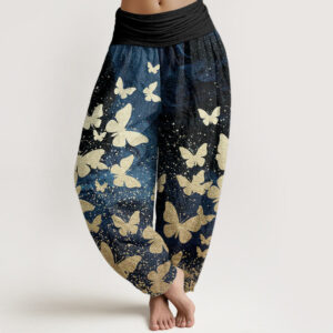 Buddha Stones Pure Cotton Casual Golden Butterfly Pattern Women's Elastic Waist Harem Pants