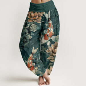 Buddha Stones Pure Cotton Colorful Koi Fish Lotus Flowers Design Women's Elastic Waist Harem Pants