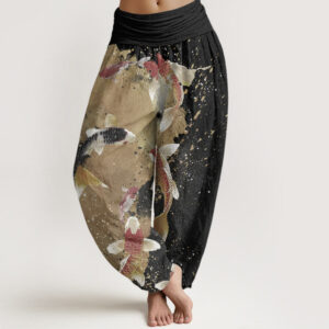 Buddha Stones Pure Cotton Casual Koi Fish Gold Ink Background Pattern Women's Elastic Waist Harem Pants