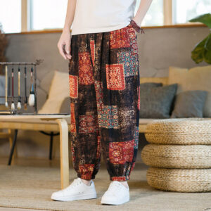 Buddha Stones Summer Square Patchwork Cotton Linen Men's Ankle-Length Harem Pants With Pockets