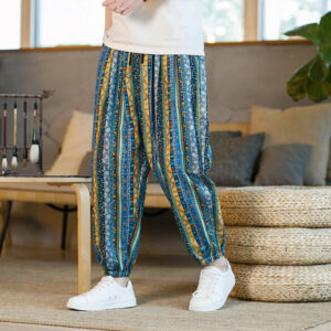 Buddha Stones Colorful Stripes Cotton Linen Men's Ankle-Length Harem Pants With Pockets