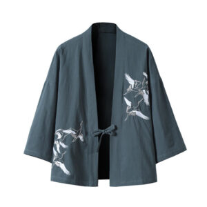 Buddha Stones Embroidery Flying White Cranes Cotton Linen Open Front Jacket Men's Kimono