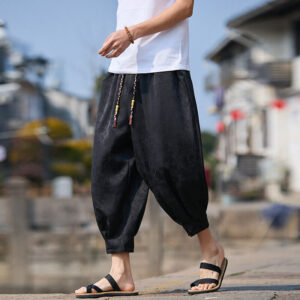 Buddha Stones Summer Character Embroidery Design Drawstring Men's 7-8 Length Pants With Pockets
