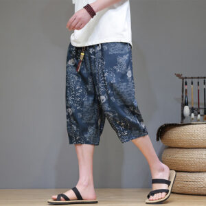 Buddha Stones Summer Bamboo Leaves Flowers Cotton Linen Men's Capri Pants With Pockets