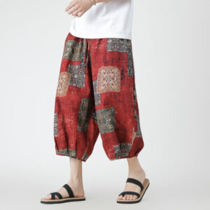 Buddha Stones Summer Square Patchwork Elephant Mandala Geometry Cotton Linen Men's 7-8 Length Pants With Pockets