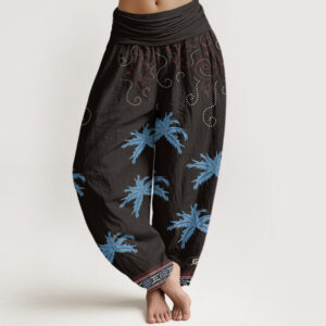 Buddha Stones Casual Floral Scroll Tropical Palm Pattern Women's Elastic Waist Harem Pants - Black - US22，UK/AU26，EU54 (6XL) - image 1