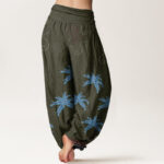 Buddha Stones Casual Floral Scroll Tropical Palm Pattern Women's Elastic Waist Harem Pants - image 9